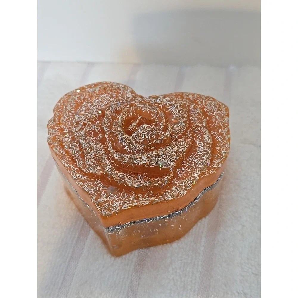 Handmade Resin Heart Shaped‎ Box With Lid Orange And Silver. 760